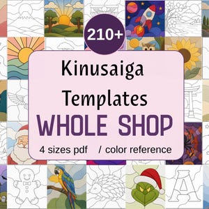 May include: A collection of 210+ Kinusaiga templates in PDF format with color references, featuring various designs like a rose, rocket, lighthouse, sunflower, tulip, Santa, parrot, and lion, presented in a grid with the text Kinusaiga Templates WHOLE SHOP.