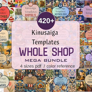 May include: A digital collection of 420+ Kinusaiga templates in a mega bundle, featuring various themes like Christmas, animals, astrology, Halloween, landscapes, western, Egyptian art, mythology, flowers, Viking, spiritual, and iconic art.