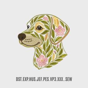 May include: An embroidered dog head design, featuring a floral pattern in green, yellow, and pink. The dog's face is tan with a brown nose and eyes. The design includes the text "DST.EXP.HUS.JEF.PES.VP3.XXX...SEW".