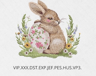 Vintage Easter Bunny Embroidery Design – Floral Egg (Digital Download)