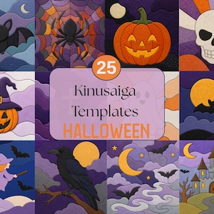 Puede incluir: Una colección de 25 plantillas Kinusaiga de Halloween con ilustraciones estilo vidriera de murciélagos, arañas, calabazas, calaveras, brujas en escobas, cuervos y castillos encantados en paletas de colores morado, naranja y negro.