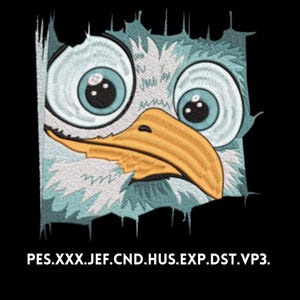 Könnte beinhalten: Ein Cartoon-Vogel mit großen, blauen Augen und einem gelben Schnabel. Der Kopf des Vogels ist zur Seite geneigt und seine Augen sind weit geöffnet. Der Hintergrund ist schwarz.