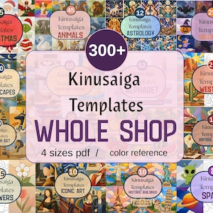May include: A digital collection of 300+ Kinusaiga templates featuring diverse themes including Christmas, animals, astrology, Halloween, landscapes, western, Egyptian art, flowers, iconic art, historic buildings, and space, with 4 sizes of PDF and color reference.