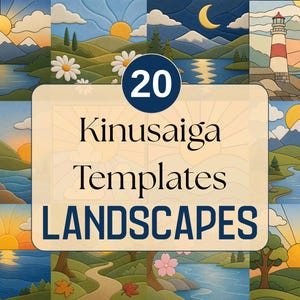 May include: A collection of 20 Kinusaiga templates featuring various landscape illustrations including lighthouses, mountains, sunrises, and rivers. The central text reads 20 Kinusaiga Templates LANDSCAPES, presented in a grid of colorful scenes.