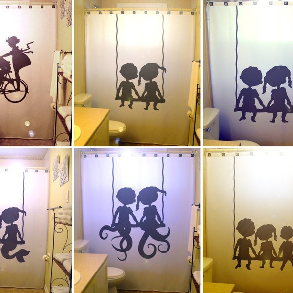 Brother Sister Kids Shower Curtain, Boy Girl Siblings Shared Bathroom Decor, Swing Children Bicycle