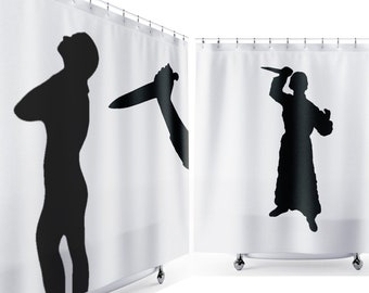 Psycho Halloween Shower Curtain, Funny Cool Scary Horror Bathroom Decor. Extra long fabric available in 84 & 96 inch custom size.