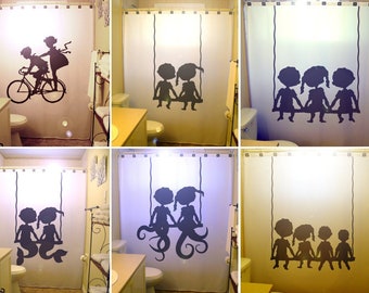 Brother Sister Kids Shower Curtain, Boy Girl Siblings Shared Bathroom Decor, Swing Children Bicycle