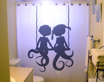 Kids Octopus Shower Curtain. Extra long fabric shower curtains 84 90 96 inch, custom stall size 36 54 78.