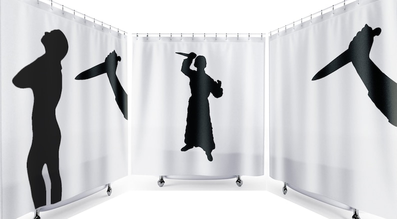 Psycho Halloween Shower Curtain, Funny Cool Scary Horror Bathroom Decor. Extra long fabric available in 84 & 96 inch custom size. image 1