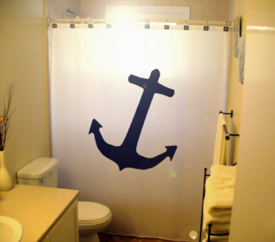 Anchor Shower Curtain, Nautical Bathroom Decor. Extra Long Fabric