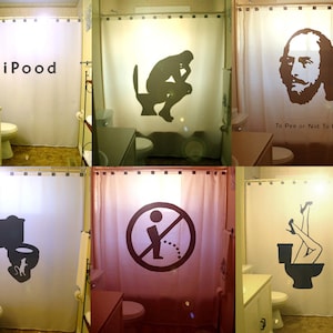 Crazy Funny Shower Curtain, Fun Toilet Humor Bathroom Decor. Extra long fabric shower curtains 84 90 96 inch, custom stall size 36 54 78.