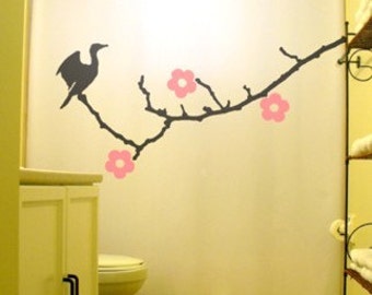 Cherry Blossoms Shower Curtain, Cormorant Bird bathroom decor. Extra long fabric shower curtains 84 90 96 inch, custom stall size 36 54 78.