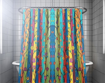 Botanical Shower Curtain. Floral Plants Bathroom Decor. Extra long wide fabric in 78 84 90 96 108 inches.