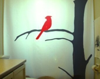 Red Cardinal Shower Curtain, Tree Bird Nature Bathroom Decor. Extra long fabric shower curtains 84 90 96 inch, custom stall size 36 54 78.