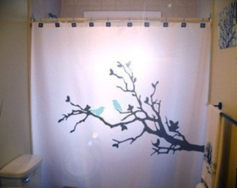 Blue Birds Shower Curtain, Beautiful Tree Branch Bathroom Decor. Extra long fabric available in 84 & 96 inch custom size.