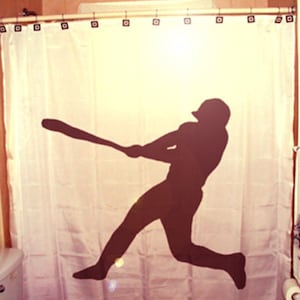 Baseball Shower Curtain, Sports Player Bathroom Decor for Kids. Extra long fabric shower curtains 84 90 96 inch, custom stall size 36 54 78.