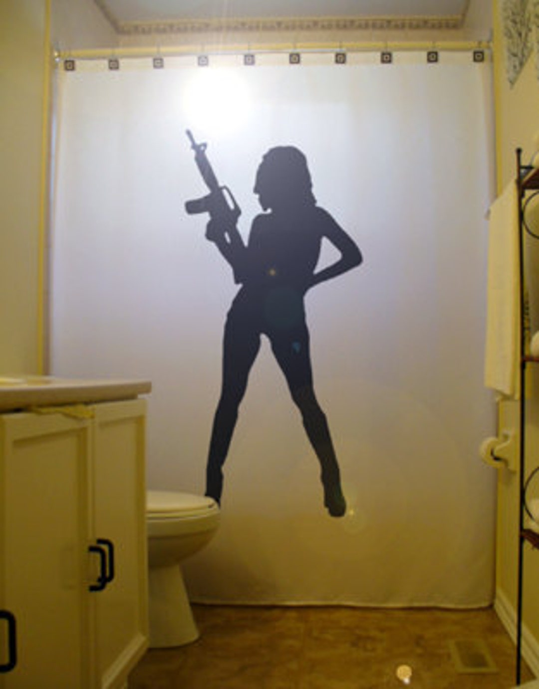 Ak47 Gun Pinup Girl Shower Curtain, Sexy Bathroom Decor for Men. Extra