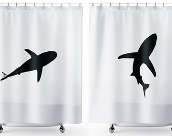 shark Shower Curtain, nautical ocean bathroom decor. Extra long fabric shower curtains 84 90 96 inch, custom stall size 36 54 78.