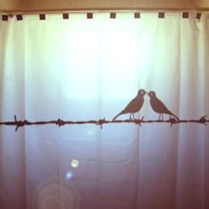 Love Birds Shower Curtain, Barbed Wire Bathroom Decor. Extra long fabric shower curtains 84 90 96 inch, custom stall size 36 54 78.