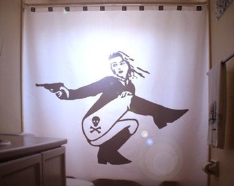 Dangerous Pinup Girl Shower Curtain, Sexy Bathroom Decor, Woman Gun Skull Crossbones Danger Tattoo Secret Agent