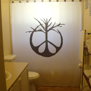Peace Sign Tree Shower Curtain. Extra long fabric shower curtains 84 90 96 inch, custom stall size 36 54 78. Custom shower curtain