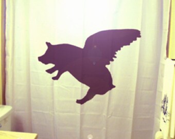 Flying Pig Shower Curtain. Extra long fabric shower curtains 84 90 96 inch, custom stall size 36 54 78.