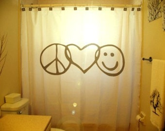 Peace Love Happiness Shower Curtain, Inspirational motivational bathroom decor. Extra long fabric available in 84 & 96 inch custom size.