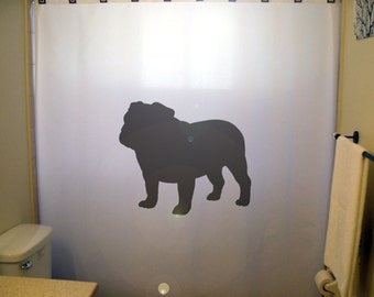 bulldog Shower Curtain. Extra long fabric shower curtains 84 90 96 inch, custom stall size 36 54 78. Custom shower curtain