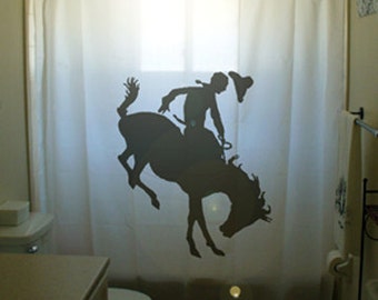 Bucking Bronco Shower Curtain, Rodeo Horse Western Bathroom Decor. Extra long fabric available in 84 & 96 inch custom size.
