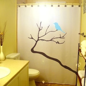 Blue Bird Shower Curtain, Deer Tree Bathroom Decor. Extra long fabric shower curtains 84 90 96 inch, custom stall size 36 54 78.