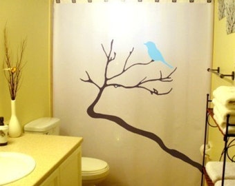 Blue Bird Shower Curtain, Deer Tree Bathroom Decor. Extra long fabric shower curtains 84 90 96 inch, custom stall size 36 54 78.