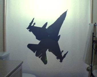 Fighter Jet F16 Polyester Shower Curtain, Military Aircraft Bathroom Decor