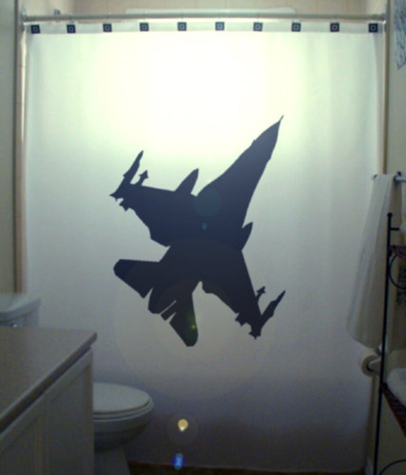 Fighter Jet F16 Shower Curtain, Military Aircraft Bathroom Decor