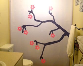 Red Cherry Blossoms Shower Curtain, Japanese Bathroom Decor, Asian Tree Branch, Nature Floral