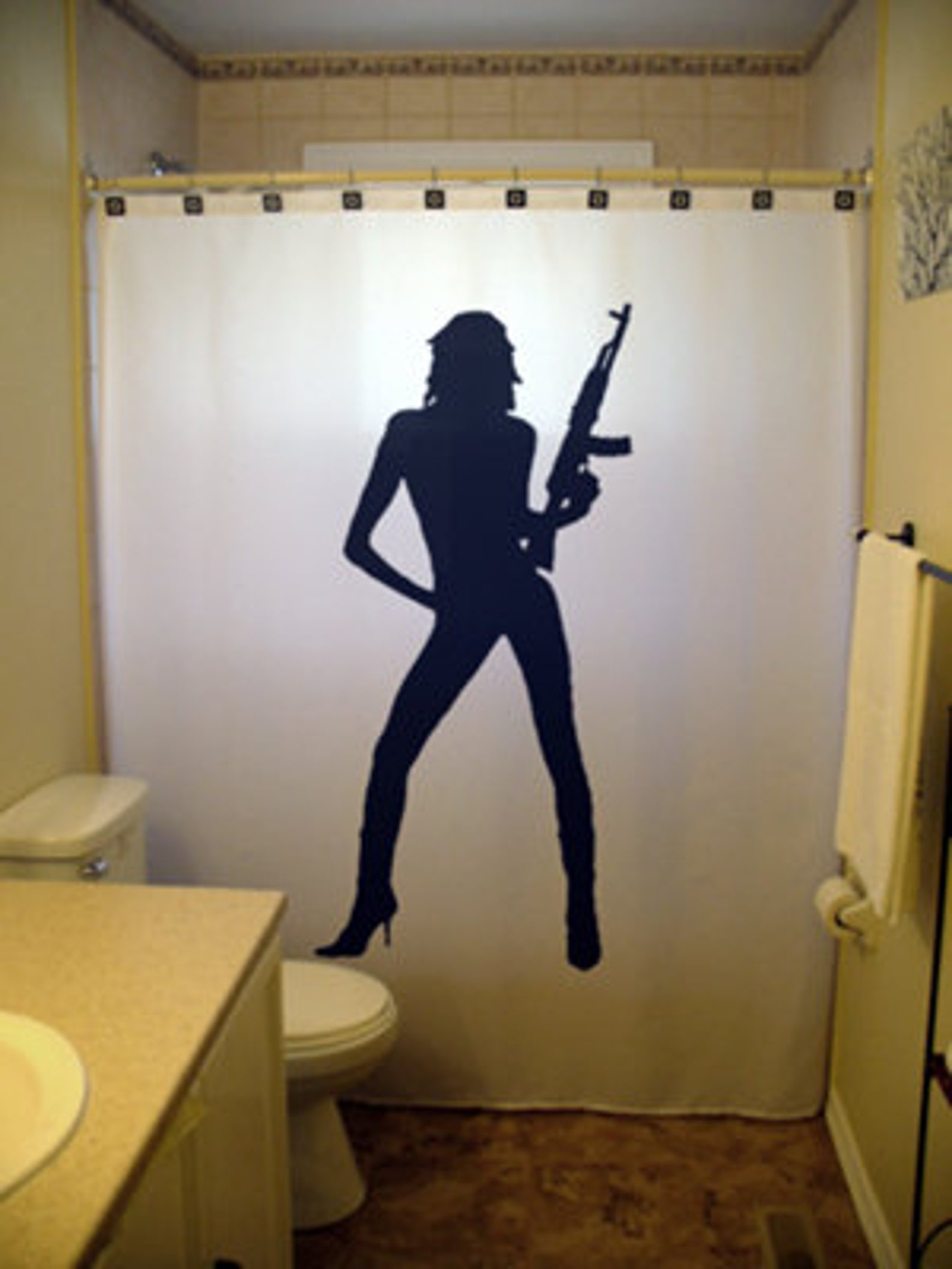 Ak47 M16 Ar15 Gun Shower Curtain, Sexy Pinup Girl Bathroom Decor. Extra Long Fabric Available in