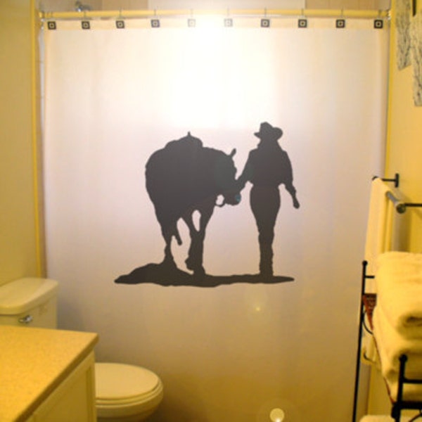 Cowgirl Shower Curtain, Horse Western bathroom decor. Extra long fabric shower curtains 84 90 96 inch, custom stall size 36 54 78.