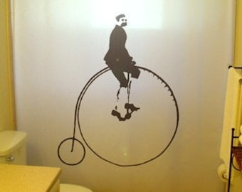 Penny Farthing Shower Curtain, vintage high wheeler cyclist bicycle . Extra long fabric available in 84 & 96 inch custom size.