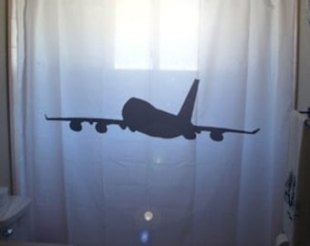 Airplane Shower Curtain, jumbo jet bathroom decor, aviation gift for pilot. Extra long fabric available in 84 & 96 inch custom size.