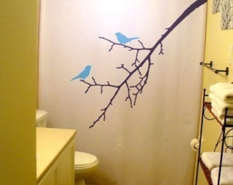 Blue Birds Shower Curtain, Nature Tree Branch Bluebird bathroom decor. Extra long fabric available in 84 & 96 inch custom size.