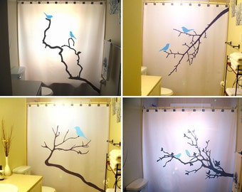 Blue Birds Shower Curtain, Bluebird Bathroom Decor, Nature Lovebird Tree Branches. Extra long fabric available in 84 & 96 inch custom size.