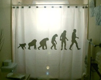 Theory of Evolution Shower Curtain, Charles Darwin Bathroom Decor, Ape Man Gorilla. Extra long fabric available in 84 & 96 inch custom size.
