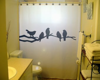 Black Birds Shower Curtain, blackbird Bathroom Decor. Extra long fabric shower curtains 84 90 96 inch, custom stall size 36 54 78.