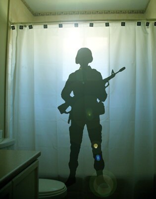 Veteran Soldier Shower Curtain, Army Hero Bathroom Decor, Armed Forces, Our Troops. Extra long fabric available in 84 & 96 inch custom size.