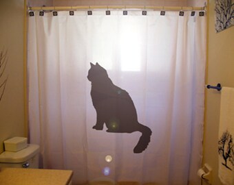 Black Cat Shower Curtain, feline bathroom decor, gift for pet owner. Extra long fabric available in 84 & 96 inch custom size.
