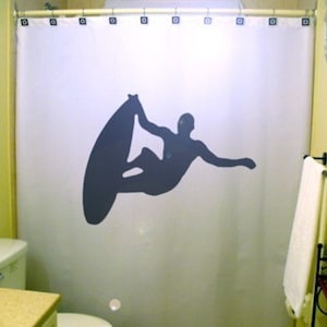 Surfing Surfer Shower Curtain, SurfBoard bathroom decor. Extra long fabric shower curtains 84 90 96 inch, custom stall size 36 54 78.