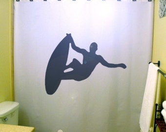 Surfing Surfer Shower Curtain, SurfBoard bathroom decor. Extra long fabric shower curtains 84 90 96 inch, custom stall size 36 54 78.