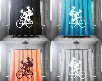 Bicycle Kids Shower Curtain, Boy Girl shared bathroom. Extra long fabric shower curtains 84 90 96 inch, custom stall size 36 54 78.