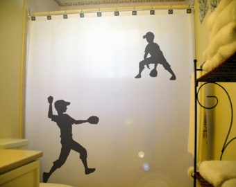 Kids Baseball Shower Curtain, Shared Softball Bathroom Decor, Sports Siblings Brother Sister