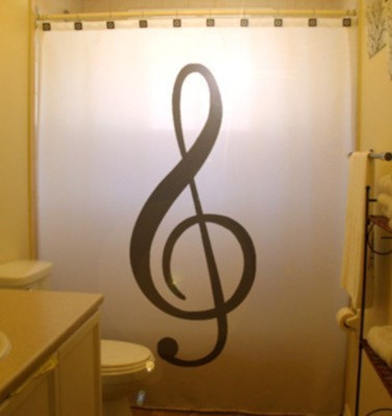 treble clef shower curtain, music bathroom decor, musical notes. extra long  fabric available in 84 & 96 inch custom size.