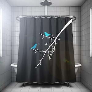 Shower Curtain with blue birds. Extra long fabric shower curtains 84 90 96 inch, custom stall size 36 54 78.